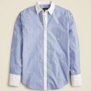 J Crew Collection Garcon Shirt Womens Size 4 Blue Stripe Pearl Bows Classic Fit